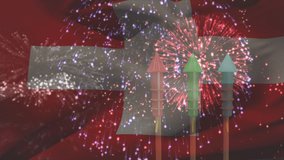 Animation of flag of switzerland waving over fireworks. patriotism and celebration concept digitally generated video.