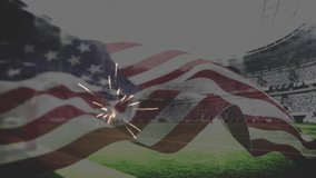 Animation of flag of america waving over sports stadium and fireworks. patriotism and celebration concept digitally generated video.
