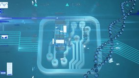 Animation of data processing and dna strand on blue background. global medicine and digital interface concept digitally generated video.