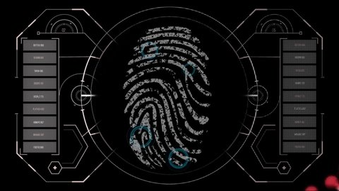 Animation of data processing and fingerprint on black background. global medicine and digital interface concept digitally generated video.