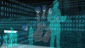 Animation of binary code, hand and digital human models. global internet security, data processing, connections and digital interface concept digitally generated video. - Powered by Shutterstock - Get 15% off with code: PIKWIZARD15