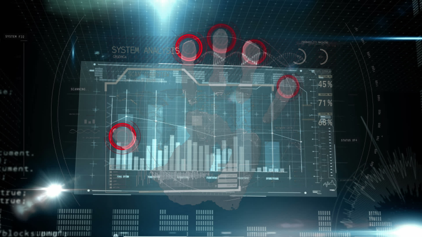 Animation of hand and bionic security system over screen and data processing. global internet security, data processing, connections and digital interface concept digitally generated video. - Powered by Shutterstock - Get 15% off with code: PIKWIZARD15