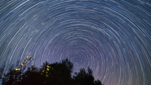 The stars move around the North Star. The treetops in the foreground. Time lapse of star trails in the night sky in Italy. 4K