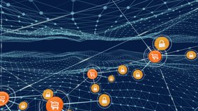 Animation of network of connections with online shopping icons over mesh. global connections, data processing and digital interface concept digitally generated video. - Powered by Shutterstock - Get 15% off with code: PIKWIZARD15
