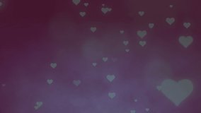 Animation of hearts and fireworks over purple background. new year, party and celebration concept digitally generated video.