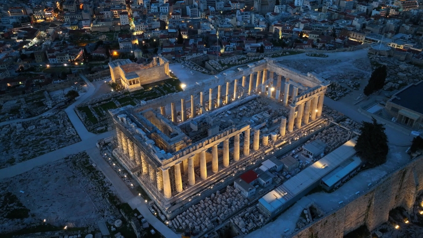 night view of Acropolis in Athens, flying above illuminated Parthenon in Athens in the evening, night view of downtown Athens, international landmark in Greece. High quality 4k footage Royalty-Free Stock Footage #1088488147