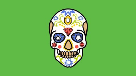 Sketch human skull with art of pyramid and flower in blue, red, yellow, brown and white colour with black outline on abstract green background
