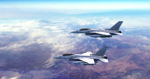Military Fighter Jets Flying Together Over Clouds. Aerial View. War And Air Force Related 4K Motion.