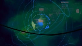 Animation of blue waves spreading from rotating globe in dark green space. global connections, information, communication and technology concept digitally generated video.