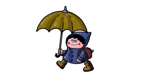 Boy with umbrella cartoon animation. Sweet character with yellow raincoat, wellingtons, backpack and brolly going to school. Seamless loop.