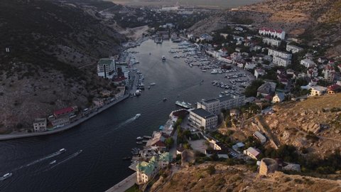 The beautiful bay of Balaklava city, Crimean peninsula aerial view
