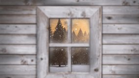 Animation of snow falling over christmas winter scenery seen through window. christmas, tradition and celebration concept digitally generated video.