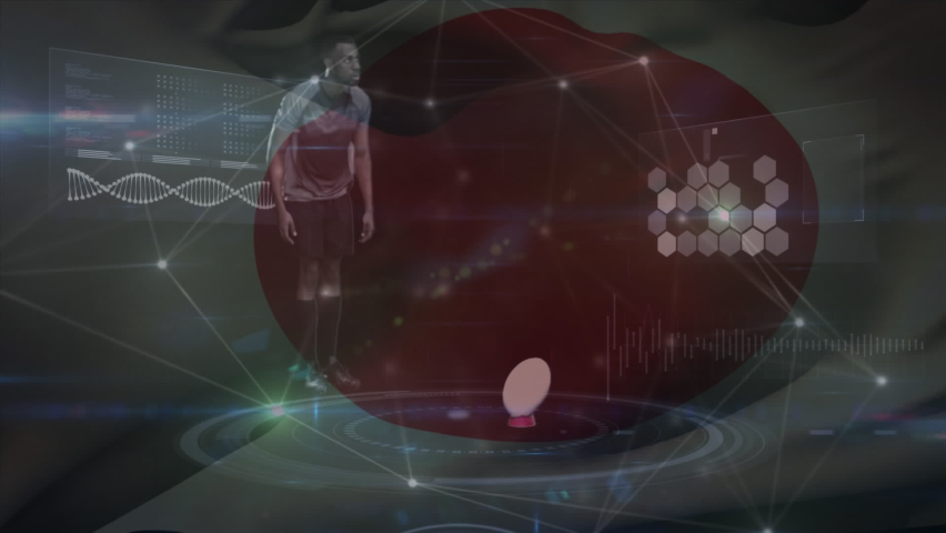 Animation of dna strand spinning and african american rugby player over scientific data processing. global science, data processing and digital interface concept digitally generated video. - Powered by Shutterstock - Get 15% off with code: PIKWIZARD15
