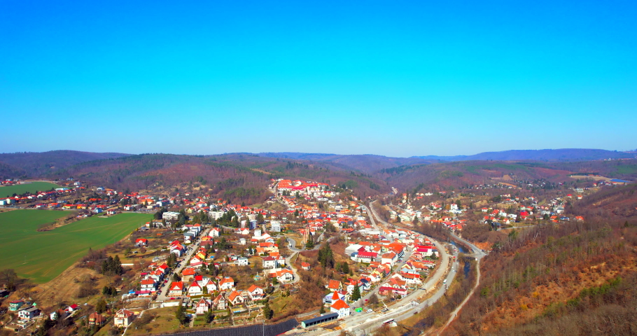 Flight aerial view of the village near “Brno” town called “Bilovice nad Svitavou” including the church of St. Cyril and Methodius