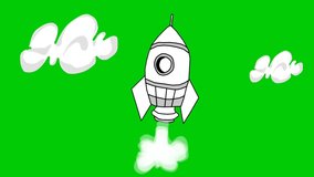 Animated moving illustration video, rocket flying towards space, green screen background.