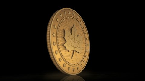 Maple Leaf canadian 3d gold coin on background. Rotate golden metal abstract concept animation of economy and finance.