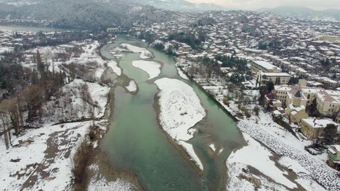 Aerial view on Rioni river in Kutaisi with Hydroelectric Power Plant. Rioni river is mountain river in Georgia.