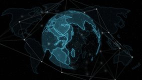 Animation of globe of network of connections over black background. global connections, networks and data processing concept digitally generated video.
