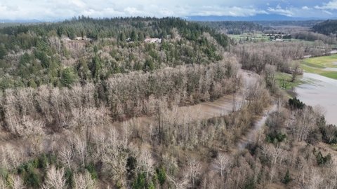 Cinematic 4K aerial drone shot of flooding on the Duwamish, Green River in Green Valley in Auburn, King County Washington