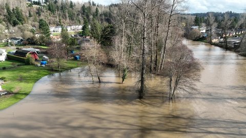 Cinematic 4K aerial drone shot of flooding on the Duwamish, Green River in Auburn, King County Washington