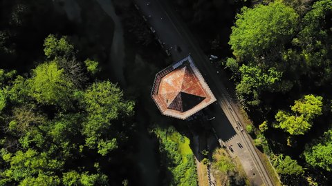 Aerial view of the Psyrtsha railway station. A unique Soviet-built railway pavilion over the river. tourist attraction - MYA 14, 2021 New Athos, Abkhazia