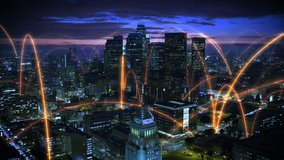 Arch Network Over Aerial View of Connected City. Smart And Futuristic Metropolis at Dusk. Amber Holographic Lines Connecting Los Angeles.  Shot In 8K. - Powered by Shutterstock - Get 15% off with code: PIKWIZARD15