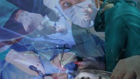 Animation of molecules and triangles over stressed caucasian female surgeon during operation. medicine, healthcare, science and technology concept digitally generated video. - Powered by Shutterstock - Get 15% off with code: PIKWIZARD15