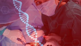 Animation of molecules and dna over stressed caucasian female surgeon during operation. medicine, healthcare, science and technology concept digitally generated video. - Powered by Shutterstock - Get 15% off with code: PIKWIZARD15