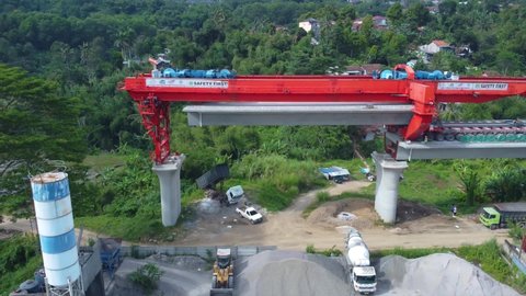 Tagogapu, Indonesia - March 2, 2022: Established Shot of Erection Box Girder Launcher for Jakarta Bandung High Speed Train Project