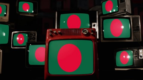 Flag of Bangladesh and Vintage Televisions. 4K Resolution.