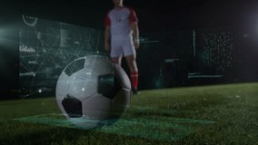Animation of data processing over caucasian male soccer player. global sports and digital interface concept digitally generated video.
