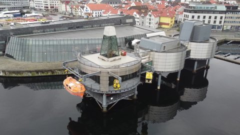 Stavanger , rogaland , Norway - 03 06 2022: Petroleum museum in Stavanger Norway - Beautiful aerial showing platform structure in sea with lifeboat hanging on the side