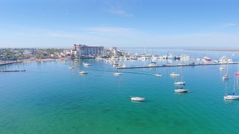 La Paz, Mexico: Aerial view of capital city of Baja California Sur, clear turquoise waters of Gulf of California, ships and boats in Marina La Paz - landscape panorama of North America from above

