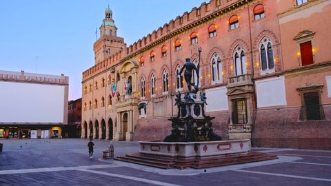 Bologna, Italy - September 2021. Piazza del Nettuno and Piazza Maggiore in Bologna, Italy landmark in Emilia-Romagna historical province.