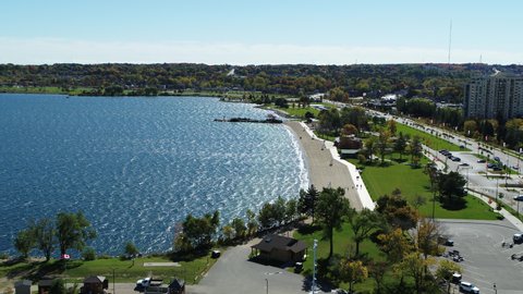 Forward Dolly Panning Up Drone Shot Showing Barrie Marina and Beach On a Beautiful Sunny Day. Shot on Inspire 2 and X7 Camera.