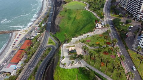 Miraflores, Peru - 19th Mar 2022: Aerial view of the love park and green coast, in the municipality of Miraflores, Lima, Peru