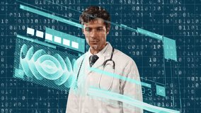 Animation of data processing over caucasian male doctor. global medicine and digital interface during covid 19 pandemic concept digitally generated video.