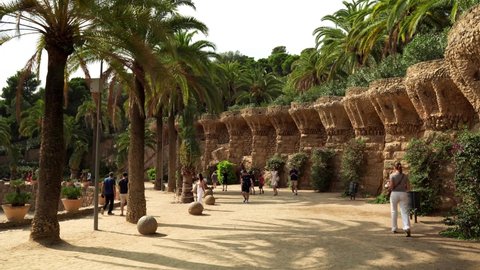 Barcelona Spain 09.25.2021
Park Guell in Barcelona.
Museum of Antonio Gaudí. The most famous park in Spain. Extraordinary architect of Spain. Landmark of Barcelona. Tourists are walking in the park