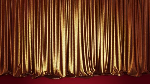 Realistic 3D animation of the stylish and fancy golden metallic shining textured stage curtain with red carpet floor rendered in UHD with alpha matte