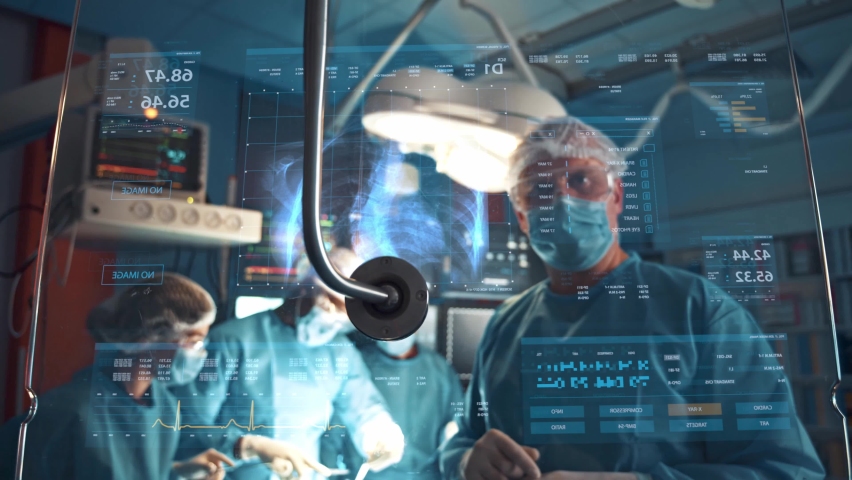 High tech hospital surgeons perform brain surgery using augmented reality display. Future advanced technology. Science futuristic digital concept. Doctor data, medical. Royalty-Free Stock Footage #1088518931