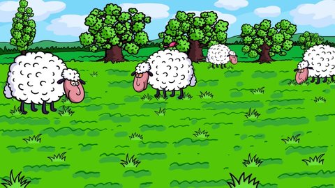 Four white sheep cartoon character grazing eating grass. Spring is coming animation. Happy butterflies start the season on the green meadow background. Good for titles or intro. Seamless loop.