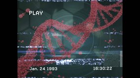 Animation of screen with glitch and diverse data over dna chain on green background. science, human biology, technology and digital interface concept digitally generated video.