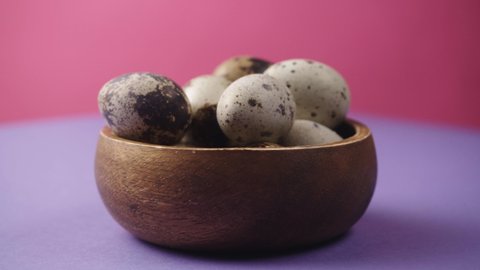 Spotted Quail Eggs in an wooden bowl. A dozen of fresh, organic and healthy bird eggs. Natural, Eco-friendly Eggs rolling on purple, pink background. Easter Egg