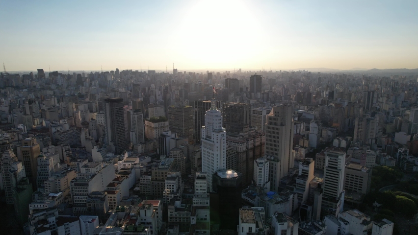 Aerial City Sunset Downtown Aerial At Sao Paulo Brazil. Downtown Landscape Circle. Sunset Downtown Vacations Latin America Postal Card Sunrise. Outdoors Towers Sunrise. Sao Paulo Brazil
