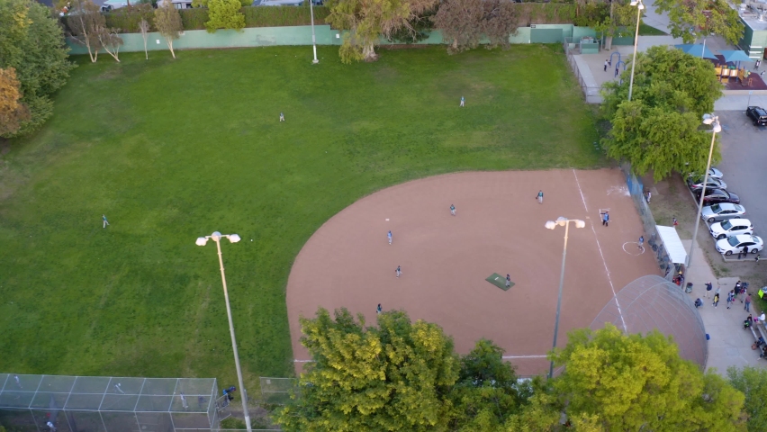 Great aerial over park and recreation center. baseball fields aerial view. 