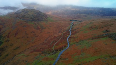 Stretch Of Narrow Road At Pen-y-Pass Mountain Pass In Snowdonia National Park, Wales UK. Aerial Shot