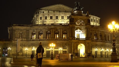 Dresden , Saxony , Germany - 02 24 2022: Night View of Famous and Illuminated Semperoper in Dresden Old Town