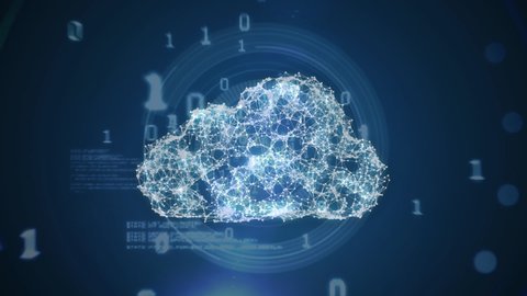 Animation of digital clouds over blue background with binary code. global internet security, data processing, connections and digital interface concept digitally video.