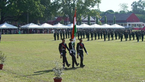 Dehradun, Uttarakhand India December 12, 2021- Indian Military Army IMA Passing out Parade POP.Cadets marching with Indian Flag Tiranga. Honor Indian National Flag. IMA POP at Dehradun India. High