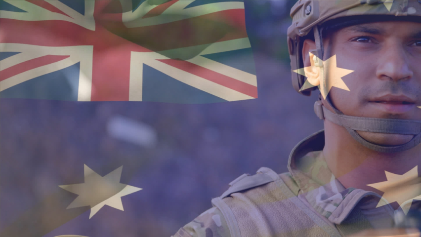 Animation of flag of australia over caucasian male soldier using binoculars. war, army, public defence and patriotism concept digitally generated video.